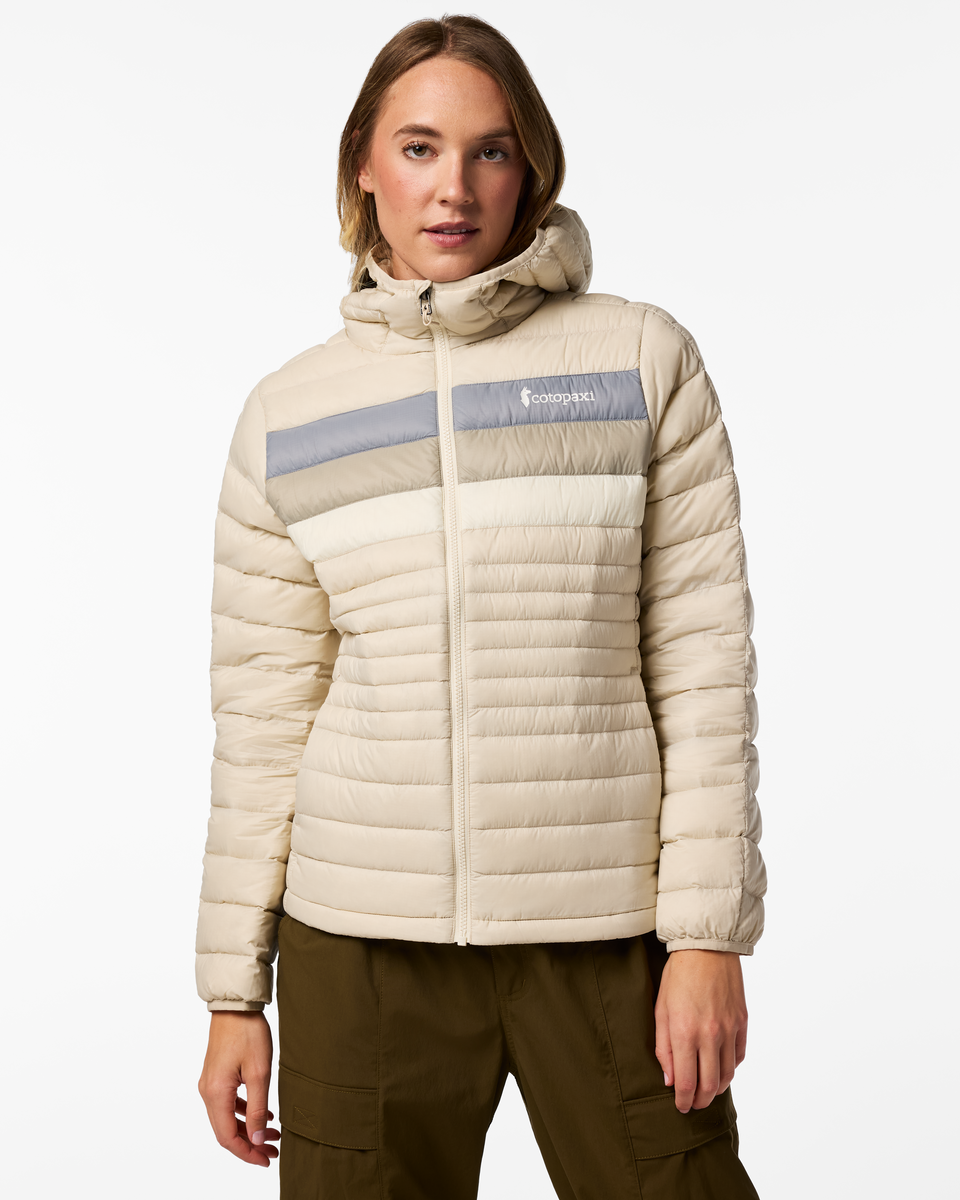 Fuego Down Hooded Jacket - Women's, Cream Stripes, Model Ellen