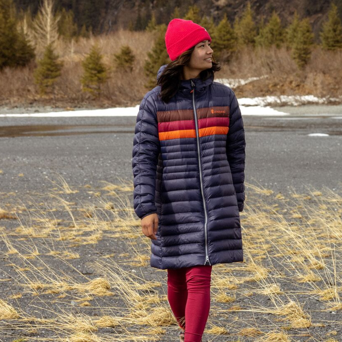 Fuego Down Parka - Women's, Ink Stripes, Model Brianna