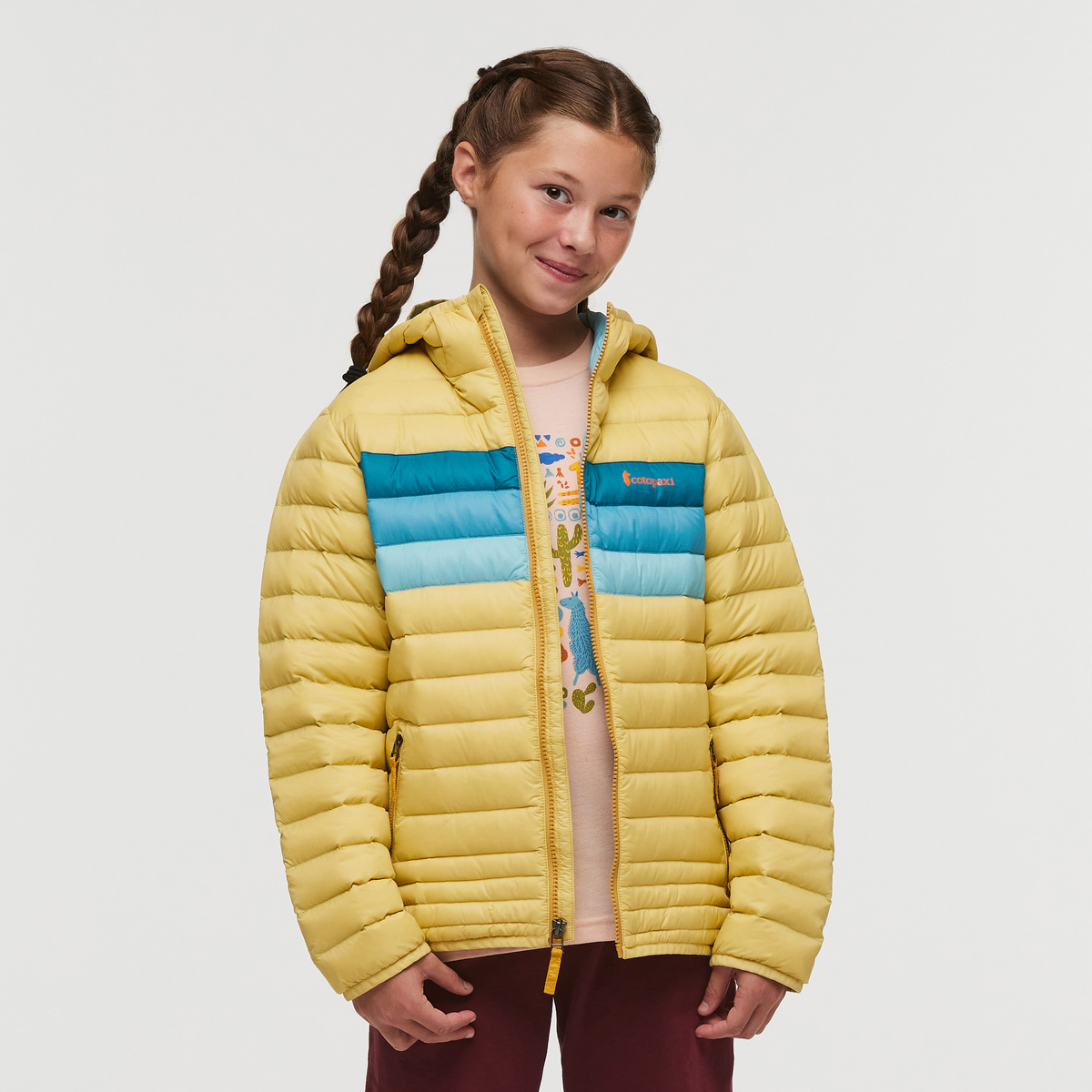 Fuego Hooded Down Jacket - Kids', Wheat Stripes, Model Gemma Nye