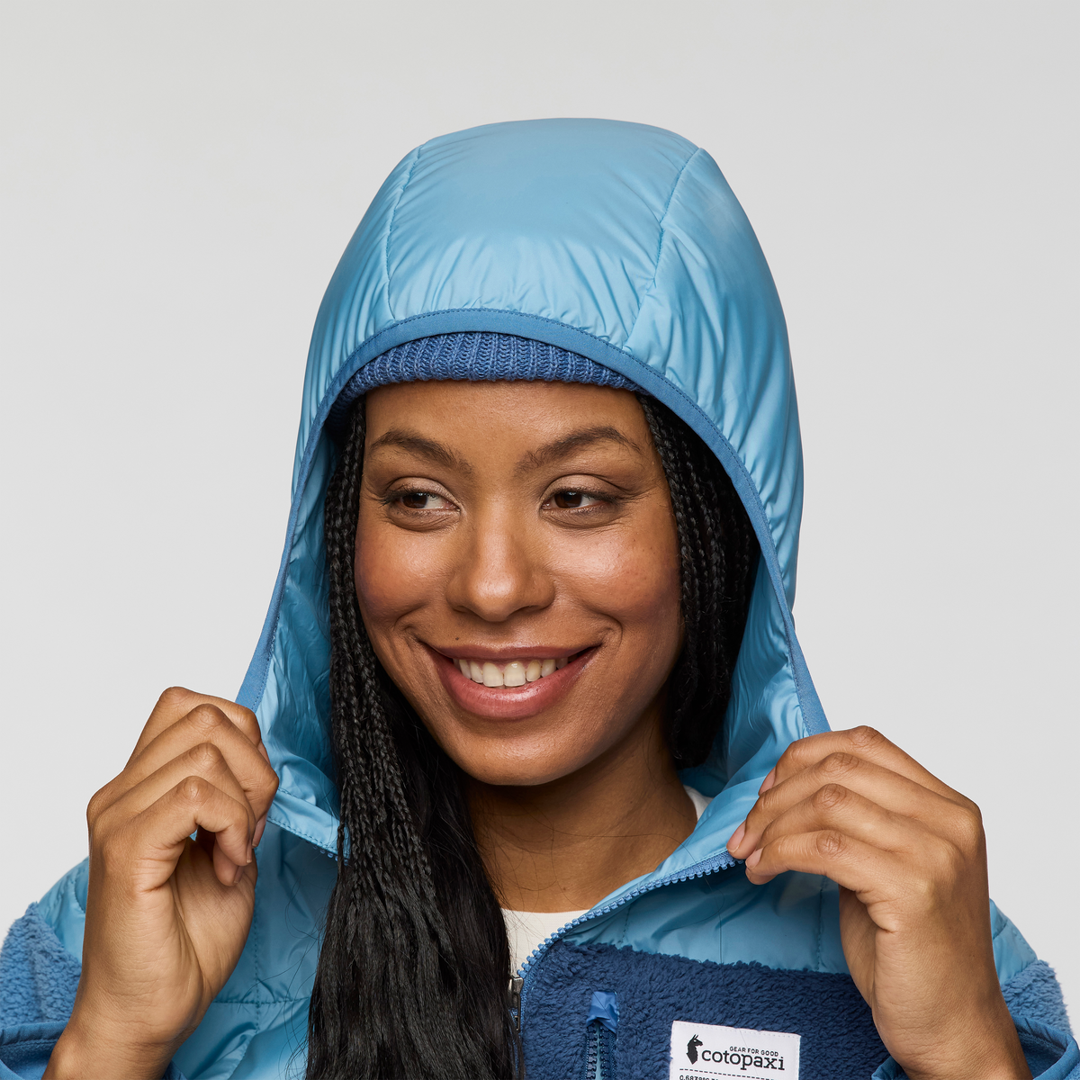 Trico Hybrid Hooded Jacket - Women's, Fjord/Fjord, Model Charlie
